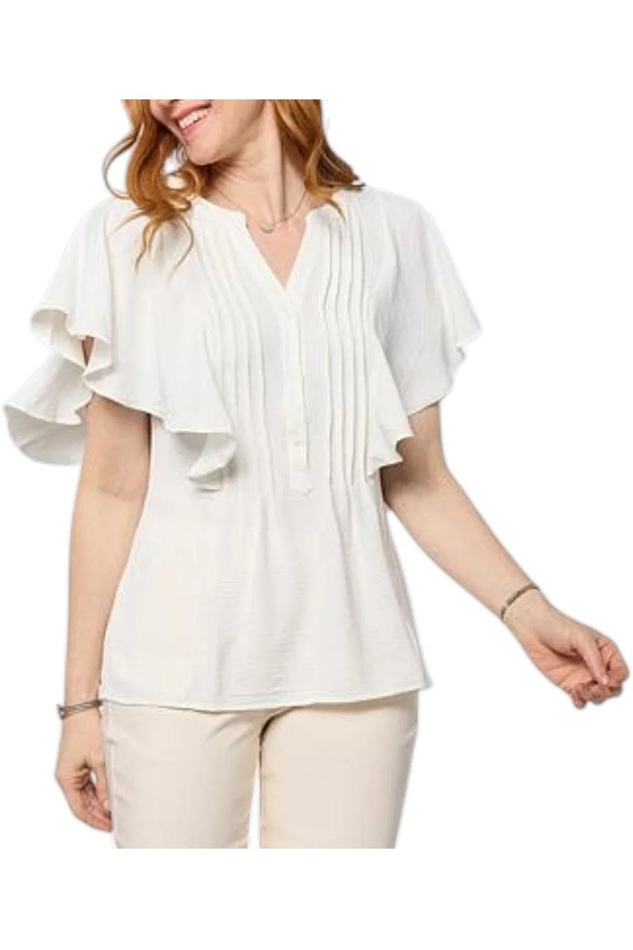 Nina Leonard Women's Textured Flutter-Slv Mandarin Collar Blouse Ivory - Regular